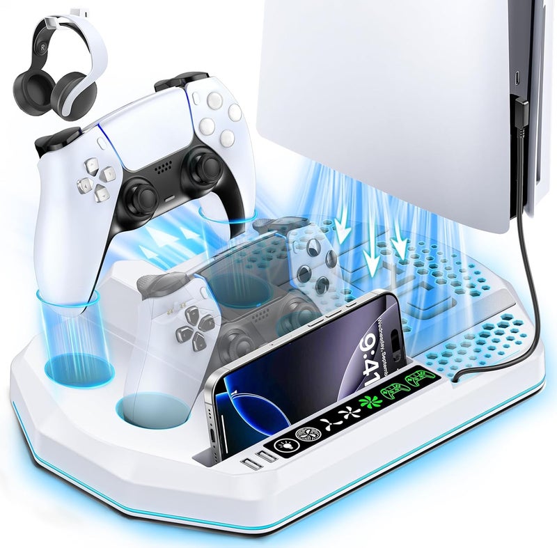Gersker Cooling Station for PS5 with Dual Controller Charger Compatible with Playstation 5/Slim/Pro, PS5 Cooling Stand Station Vertical & 3 Level Cooler Fan, Controller Charging Dock, For PlayStation 3 Games - Image 1